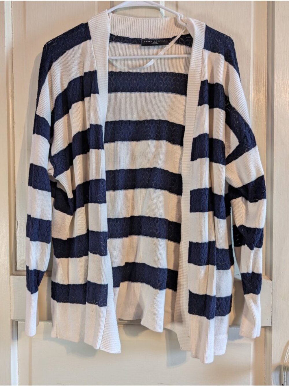 Lane Bryant Open-Front Striped Lace-Stitch Cardigan Navy Ivory Size 18